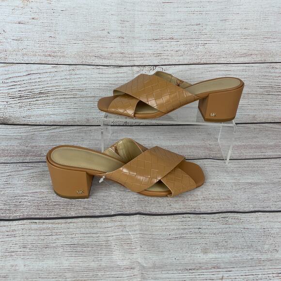 Michael Kors Colleen Woven Camel Slide Womens Sz 6.5M Heeled Mules Sandals - Picture 1 of 9